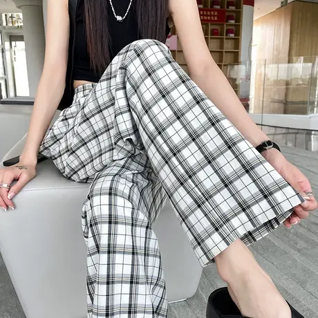 黑白格子阔腿裤女夏季薄款休闲宽松直筒裤高腰显瘦百搭防晒拖地裤商品大图