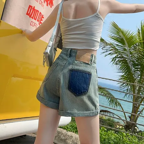 设计感撞色卷边牛仔短裤女夏季薄款高腰显瘦宽松阔腿a字辣妹热裤商品大图