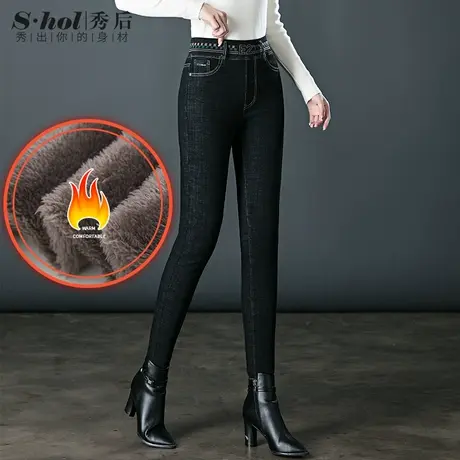 秀后高腰牛仔裤女2023冬季新款妈妈裤子加绒加厚弹力小脚铅笔裤商品大图