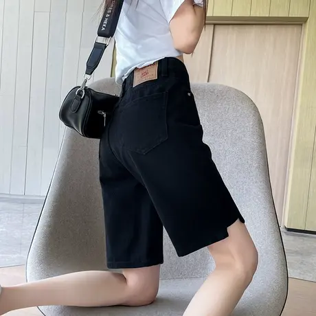 黑色五分裤女牛仔短裤2024年夏季薄款高腰宽松a字阔腿裤开叉中裤商品大图