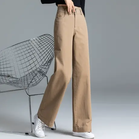 卡其色裤子女2024年新款纯棉高个子欧货女裤休闲裤阔腿裤女直筒裤图片