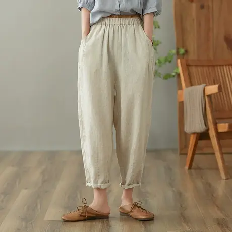 dza 高腰显瘦亚麻休闲裤女2023夏九分萝卜裤直筒裤宽松棉麻哈伦裤商品大图