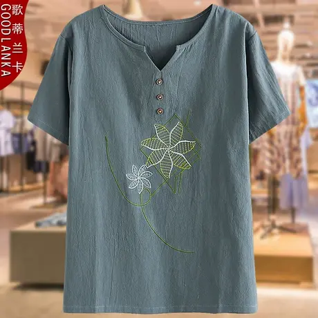 中老年女士棉麻短袖小衫洋气时尚母亲节礼物中年妈妈夏装短袖上衣商品大图