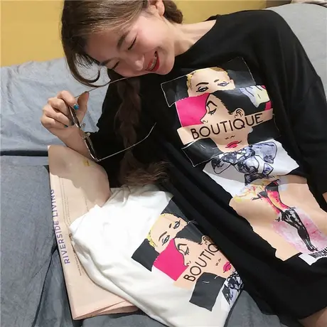 网红港风慵懒ins短袖t恤女夏装宽松韩版学生百搭怪味丧系上衣服潮商品大图