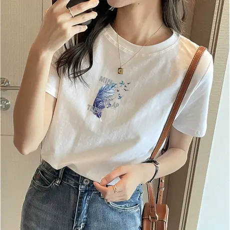 圆领白色t恤女2023年新款夏季纯棉短袖宽松韩版半袖上衣体恤汗衫图片