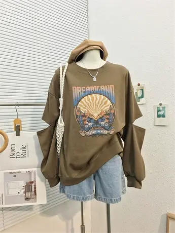 秋装2023新款设计感镂空长袖宽松印花卫衣复古洋气圆领套头上衣女商品大图