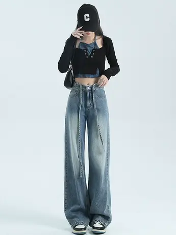 LGKG抽绳高腰牛仔裤女阔腿直筒宽松2023年秋季新款显瘦磨白复古潮商品大图