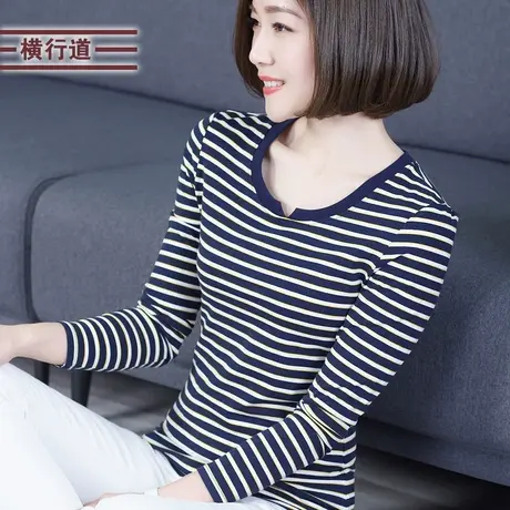 横行道海军风条纹长袖V领女装洋气打底衫T恤春装外穿小衫上衣服商品大图