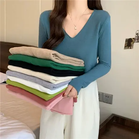 2024年新款春秋冬季毛衣内搭打底衫上衣深V领性感女装小众针织衫图片