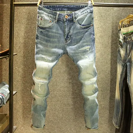 复古蓝色潮流牛仔裤男款修身小脚弹力裤子潮牌破洞补丁秋冬款长裤商品大图