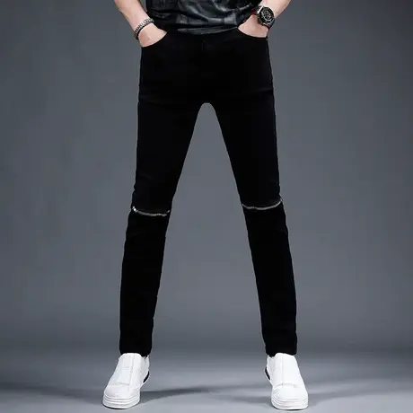 2023新款春季纯黑色牛仔裤男潮牌修身小脚漆盖拉链潮流个性男裤子商品大图