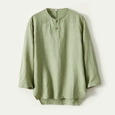 短袖衬衫男七分袖亚麻圆领休闲宽松复古男士日系上衣夏季薄款衬衣图片