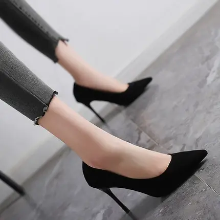2024春季新款一字扣带高跟鞋女细跟时尚百搭黑色少女尖头单鞋浅口商品大图