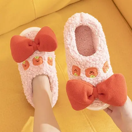 秋冬新款甜美可爱蝴蝶结毛绒保暖棉拖鞋室内居家防滑舒适包跟拖鞋商品大图