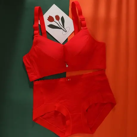 本命年内衣套装女性感小胸加厚收副乳新娘结婚龙年大红色文胸套装商品大图