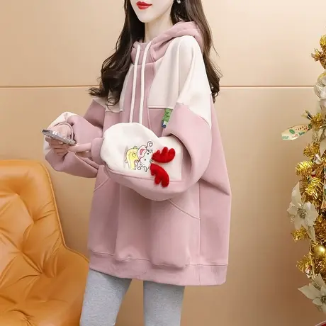 加绒加厚连帽卫衣外套女2024新款春季爆款洋气减龄宽松慵懒风上衣商品大图