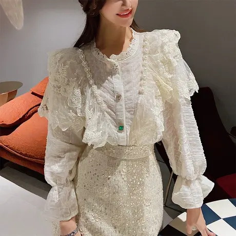 粉红大布娃娃春款上衣甜美气质花边领蕾丝衫珍珠拼接网纱衬衫女商品大图