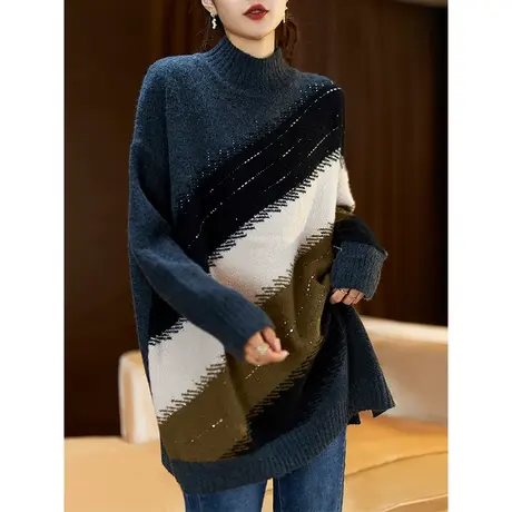 2023年韩版新款大码女装气质烫钻拼色长袖毛衣女秋冬宽松上衣洋气图片