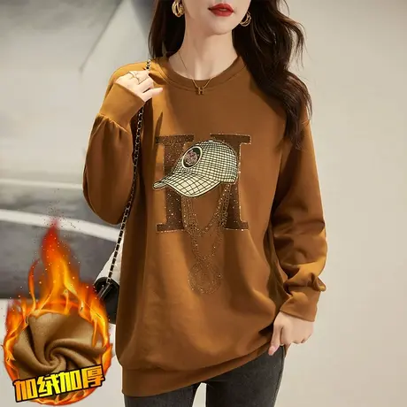 加绒加厚卫衣女秋冬宽松加大码女装中年妈妈减龄休闲烫钻显瘦上衣商品大图