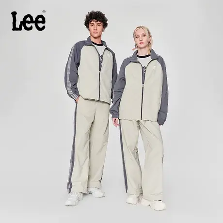 Lee24早春新品松紧腰条纹拼接男女同款抽绳宽松直筒休闲长裤潮流图片