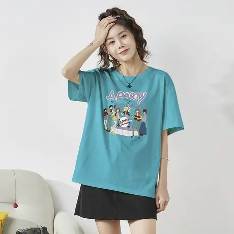 唐狮夏季短袖T恤女宽松圆领上衣白色纯棉女装甜短袖T恤宽松上衣服商品大图
