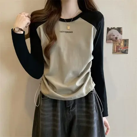 大码设计感长袖抽绳正肩T恤女春季胖MM遮肉百搭显瘦撞色插肩上衣商品大图