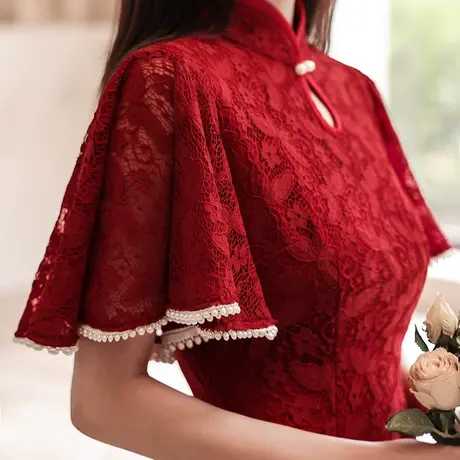 旗袍敬酒服新娘2023新款平时可穿结婚订婚回门晚礼服女酒红色开叉图片