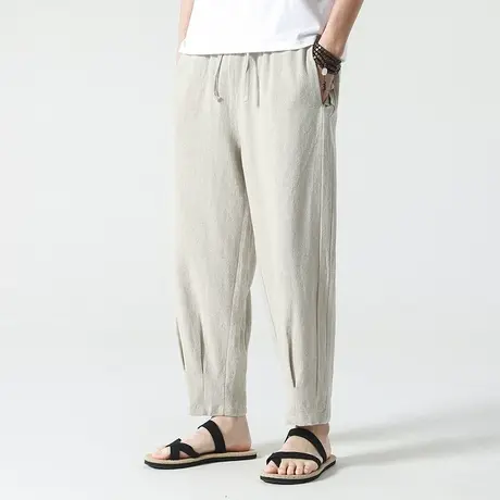 九分裤男夏季亚麻裤子宽松青年个性棉麻加肥加大码弹力休闲裤复古商品大图