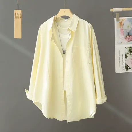 浅黄色宽松休闲纯棉衬衫女士2024春季设计感小众别致翻领衬衣叠穿图片