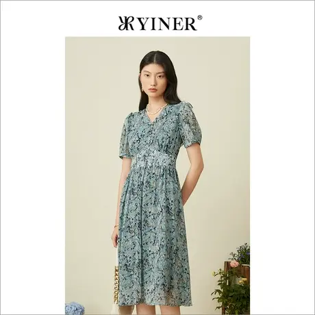 YINER音儿女装夏季时尚v领桑蚕丝收腰碎花真丝连衣裙图片