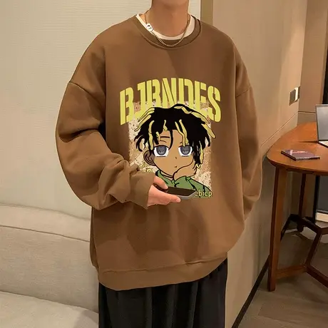 美式脏辫男孩潮流圆领卫衣男秋冬季咖啡色vintage小众高街上衣服商品大图