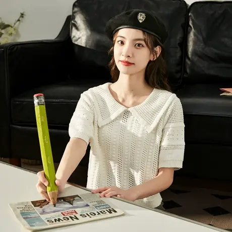 唐狮2023翻领镂空短袖T恤女春季新款短款甜美针织上衣白色内搭x图片