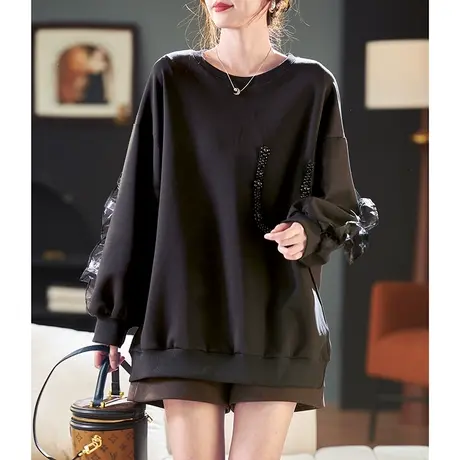 宝诗黎圆领宽松钉珠中长卫衣2024春季新款设计感简约纯色休闲上衣商品大图