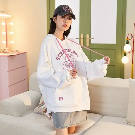 [草莓熊联名]唐狮春秋季卫衣女连帽宽松甜美oversize上衣运动图片