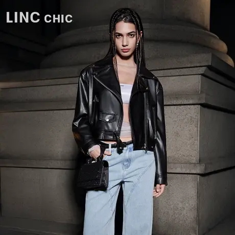 LINCCHIC金羽杰2024年春季新品朋克皮质机车夹克外套女S241JK031Y图片