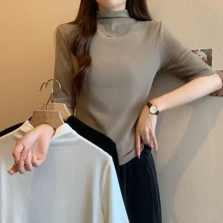 2024新款五分袖T恤女夏季韩版修身设计感小众半高领纯棉短袖上衣图片
