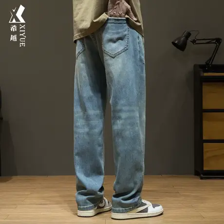 希越潮牌破洞牛仔裤男2024春季新款复古水洗宽松大码男士直筒长裤图片