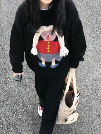 日系复古毛衣女春秋加厚宽松慵懒风设计感小众2023爆款针织衫上衣图片