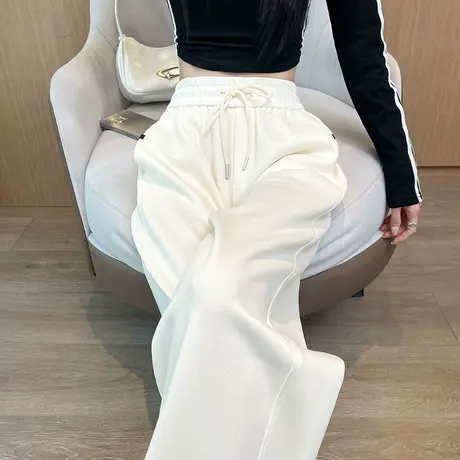 杏色高腰垂感阔腿裤女2024春秋新款宽松显瘦窄版直筒休闲拖地长裤图片