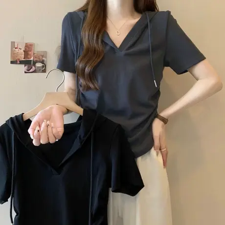 ins超火连帽短袖T恤女夏天韩版修身显瘦小个子短款V领上衣半袖潮商品大图