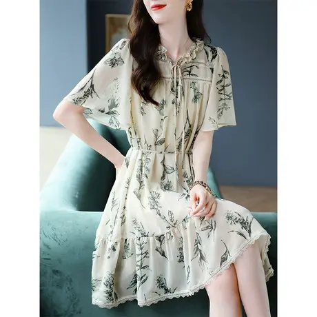 宝诗黎木耳边领系带蕾丝拼接印花连衣裙2024夏季新款短袖雪纺裙子商品大图