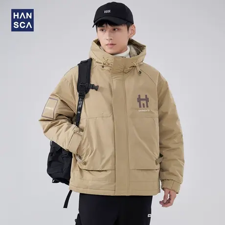 hansca美式潮牌灰鸭绒连帽羽绒服男士冬季轻薄插肩袖印花百搭外套图片