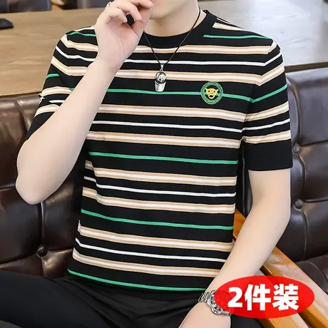 夏季条纹短袖T恤男士上衣服潮流运动时尚加大加肥码薄款针织体恤图片