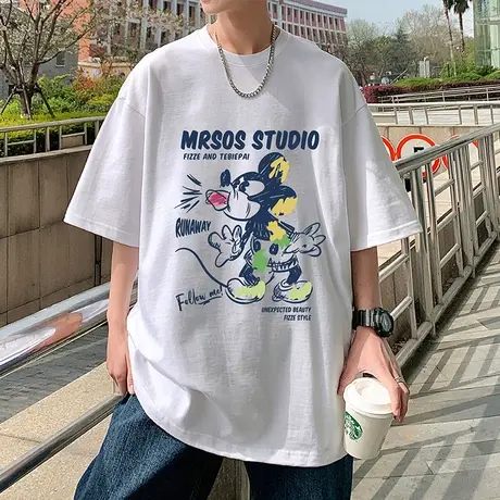 oversize潮牌短袖t恤男2024新款纯棉半袖宽松夏季卡通涂鸦体恤衫图片