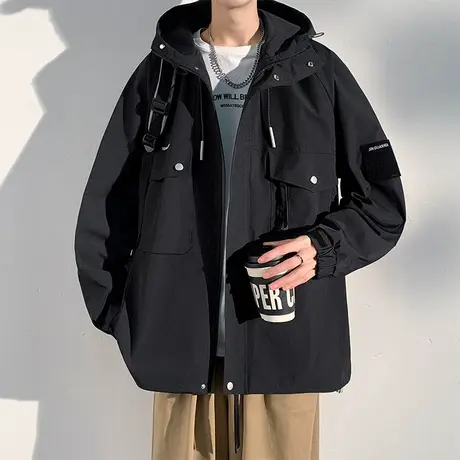 三防冲锋衣外套男春秋季连帽夹克男装潮牌上衣青少年黑色工装褂子商品大图