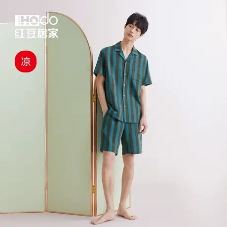 红豆居家纯棉男士睡衣短袖短裤柔软双层纱布条纹夏季家居服套装商品大图