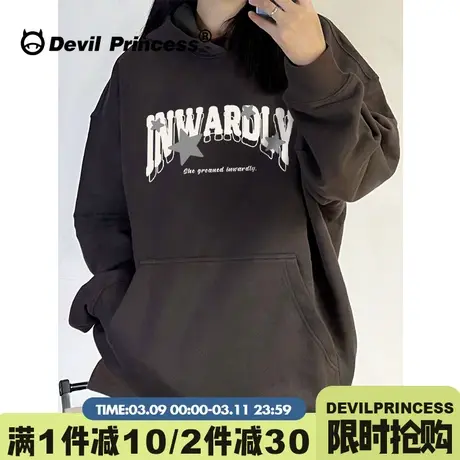 2024早春新款高街超火深灰色连帽卫衣女oversize大版宽松薄款上衣商品大图