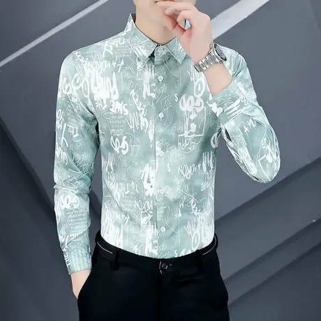 潮牌衬衫男士长袖韩版印花字母上衣春秋季痞帅气个性新款男装衬衣商品大图