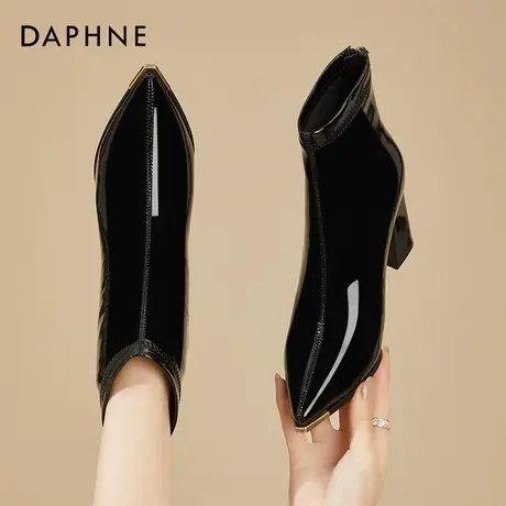 达芙妮亮皮高跟鞋子女新款2023爆款冬天靴子秋冬加绒粗跟马丁短靴商品大图