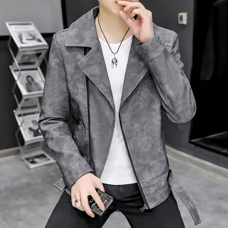 春季男装外套皮夹克2022新款潮牌翻领机车服男士韩版帅气短款皮衣图片